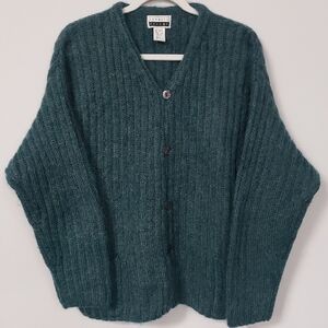 Express Tricot Cardigan Womens M Mohair Blend Rib Knit Chunky Emerald Sweater